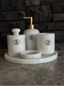 Resim Beyaz Mermer Mat Sarı Pompalı, Pamukluk Kendinden Tutmalı 5'li Set Beyaz 