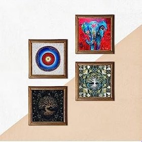 Resim Pinecone Nazar, Fil, Hayat Ağacı Taş Duvar Tablosu - Ahşap Çerçeveli Taş Tablo - 25x25 cm - 4 Parça Set - Dekoratif Duvar Sanatı - Modern Ev ve Ofis Duvar Dekoru W4-900 