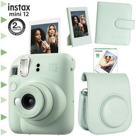 Resim Fujifilm Instax Mini 12 Fotoğraf Makinesi + 10'lu Film + Çerçeve + Kare Albüm + Deri Kılıf Seti Yeşil 
