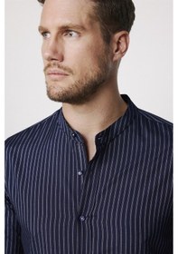 Resim Tudors Slim Fit Hakim Yaka Pamuklu Kolay Ütü Çizgili Lacivert Erkek Gömlek-27734-lacivert Lacivert 