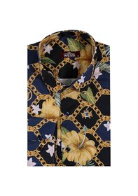 Resim Wessi Renkli Çiçek Desenli Slim Fit Uzun Kollu Lacivert Erkek Gömlek Lacivert 