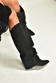Resim Fox Shoes V846846001 Siyah Nubuk Kalın Topuklu Körüklü Kadın Çizme 
