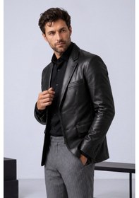 Resim Derije Diego Hakiki Kuzu Deri Erkek Siyah Blazer Ceket 