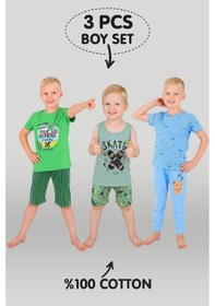 Resim Vitmo Erkek Çocuk 3'lü %100 Pamuklu 1-2-3 Yaş Pijama Takımı Model:115 Çok Renkli 