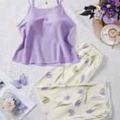 Resim Karanfil Desenli Dokulu Pijama Takımı, Rahat Yuvarlak Yaka Sırtı Açık Kolsuz Üst & Lastikli Pantolon, Kadınlar için Pijama Takımı 