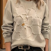 Resim Kadın Hafif Çiçek Desenli Uzun Kollu Bisiklet Yaka Kazak - Ultra HD Gerçekçi Romantik Tasarım, Günlük Şık Stil, Tüm Sezonlara Uygun Çok Yönlü Üst Giyim, Çok Yönlü Moda | Çiçek Desenli Üst | Esnek Kumaş 