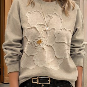 Resim Kadın Hafif Çiçek Desenli Uzun Kollu Bisiklet Yaka Kazak - Ultra HD Gerçekçi Romantik Tasarım, Günlük Şık Stil, Tüm Sezonlara Uygun Çok Yönlü Üst Giyim, Çok Yönlü Moda | Çiçek Desenli Üst | Esnek Kumaş 