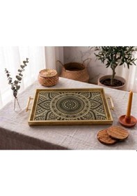 Resim Mandala Desenli Dekoratif Tepsi Gold Çerçeveli Kulplu Çay Kahve & Sunum Tepsisi 