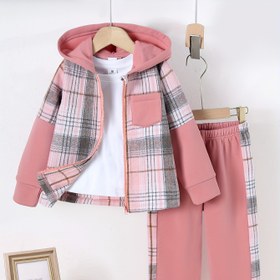 Resim Sonbahar ve Kış Kız Çocuk Ekose Fermuarlı Kapüşonlu Ceket + Ekose Pantolon İki Parça Set, Dış Mekan için 