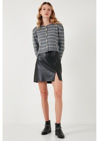 Resim Lela Standart Fit Çizgili Yumuşak Dokulu Crop Triko Bayan Hırka 4615551 Gri 