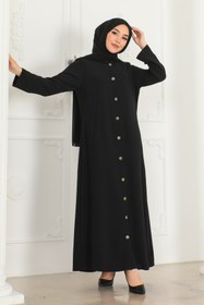 Resim OKTAYUSTA COLLECTİON Sade Günlük Cepli Düğmeli Tam Boy Siyah Ferace 