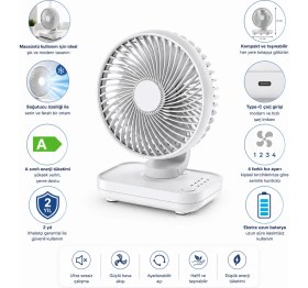 Resim Robeve Yk Şarjlı Masaüstü Vantilatör USB Type-C - 4 Kademeli Hız, Sessiz Çalışma, Taşınabilir Mini Fan, Uzun Batarya, 90° Ayarlanabilir Başlık, Ofis Ev Kullanım Fan Vantilatör 