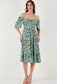 Resim Lela Desenli Oversize Fit Carmen Yaka Büzgü Detaylı Midi Boy Elbise Bayan ELBİSE 67810557 
