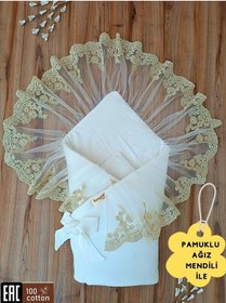 Resim Dantelli Bebek Battaniyesi %100 Pamuklu Doğal Organik Uyku Kundağı Hediyelik Yenidoğan Mevlütlük Knd45504 Kahverengi 