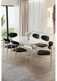 Resim Canisa Olya Serisi 90x168 Lak Panel Beyaz Mermer Desen Masa Takımı Krom Ayaklı 6 Siyah Sandalye Masa Beyaz Mermer Siyah Sandalye 