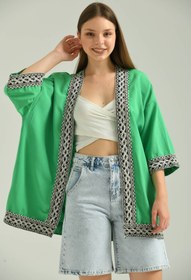 Resim VOLT CLOTHİNG Kadın Kısa Kol Nakış Işlemeli Keten Kimono 