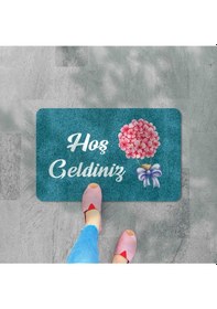 Resim Dijital Baskılı Kapı Önü Paspas Hoşgeldiniz Yazılı Çiçek Desenıç Ve Dış Kapı Paspası Yıkanabilir Kahverengi 