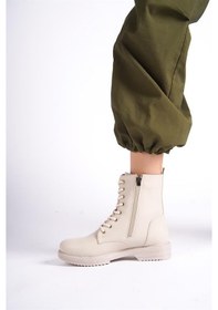 Resim Kadın Postal Bej Fermuarlı Bağcıklı Kaymaz Taban Bot 2306 Bej 