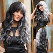 Resim Kadınlar için Şık 22 İnç İki Tonlu Siyah & Beyaz Peruk - Su Dalgası Sentetik Saç ile Perçem, Cosplay & Günlük Moda için Mükemmel 