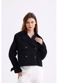 Resim Pastelastore %100 Pamuk Gabardin Astarlı Oversize Geniş Kalıp Kadın Crop Kısa Trençkot 1122 Siyah 
