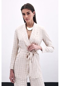 Resim Sateen Kare Desenli Kuşaklı Ceket - Bej-135789 Bej 