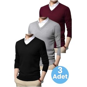 Resim Tezzgelsin 3'lü Erkek V Yaka Uzun Kol Triko Tüylenmez Süveter Erkek Slim Fit Süveter Siyah - Gri - Bordo 