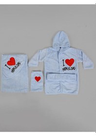Resim Pamuk Bebek Çocuk Bornoz Havlu Takımı Set Mavi 