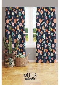 Resim Lacivert Çiçek Desenli Süet Oturma Odası Salon Fon Perde Baskılı Ekstrafor Büzgü 2 Kanat Prd-1021 Çok Renkli 