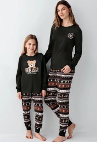 Resim Arnetta Kız Çocuk Aile Bear My Little Friend %100 Pamuklu 4 Mevsim Uzun Kollu Pijama Takım Füme 