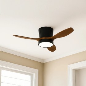 Resim Modern LED Işıklı Tavan Vantilatörü 3 Renk Işık 3 Kademe Hız Sessiz Siyah Gövde Koyu Ceviz Kanat Avize 