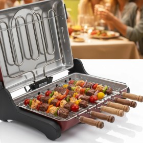 Resim Akel AB670 1200W Kırmızı Elektrikli Izgara, Kokusuz & Dumansız Mangal, Barbekü, 6 Adet Krom-Nikel Kaplama Şiş 