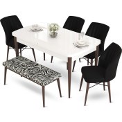 Resim Canisa Concept Aya Serisi, 80X132 Beyaz Masa Ceviz Ayak Mutfak Masa Takımı, 4 Sandalye 1 Bench 