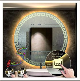 Resim Dnr-Mirror90 Cm Günışığı Ledli Tasarım Kumlamalı Dokunmatik Bluetoothlu Buğu Önleyicili Makyaj Banyo Aynası 