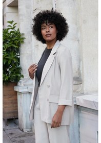 Resim Kadın İpeksi Dokulu Modal Kumaş Yakalı Cep Kapaklı Oversize Salaş Blazer Ceket-açık Vizon A.vizon 