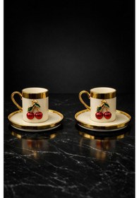 Resim 2 Kişilik 4 Parça Gold Kaplama Yaldızlı Kiraz Kahve Fincan Takımı Seti 100ml Altın - Beyaz 