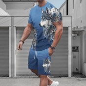 Resim 1 set Erkek 3D Kurt Baskılı Polyester Tişört ve Şort Takımı, Rahat Yuvarlak Yaka, Hafif Esnek Örme Kumaş, Normal Kalıp - Şık Yazlık Kıyafet 