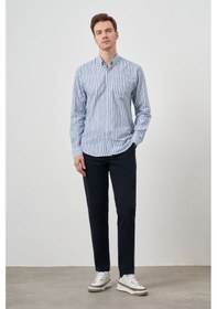 Resim Morven Erkek Turkuaz Keten Panolu Düğmeli Yaka Regular Fit Gömlek Turkuaz 