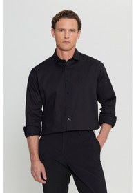 Resim AC&Co / Altınyıldız Classics Erkek Sıyah %100 Pamuk Regular Fit Normal Kesim Küçük İtalyan Yaka Armürlü Gömlek Siyah 