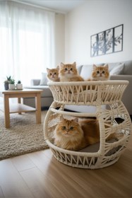 Resim Reyo Pet Lüxperi Bombeli Kedi Ranzası 2 Katlı Kedi Yatağı Krem 