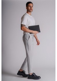 Resim Erkek Yandan Cepli Beli Lastikli Slim Fit Chino Pantolon Gri Gri 