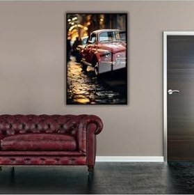 Resim Gaagart Metal Çerçeveli Temperli Cam Tablo Işıklı Sokak Ve Kırmızı Araba, 50 X 70 