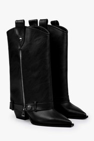 Resim Shoeberry Kadın Astral Siyah Cilt Fermuar Detaylı Kovboy Çizme 