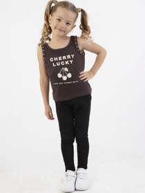 Resim BEGBOR COLLECTİONS Kız Çocuk Kahverengi Baskılı Atlet Bluz Cherry Lucky Yazılı Pamuklu Askılı Üst 