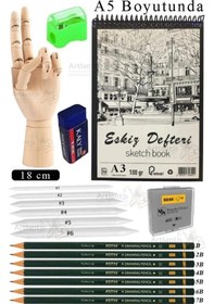 Resim Ahşap El Modeli 18 Cm Ve A5 Eskiz Defteri Modelleme Seti 1 Paket Dereceli Kalem Karakalem Dağıtma Hamur Silgi Kalemtraş 