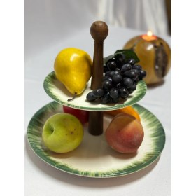 Resim Aless 2 Katlı Yeşil Detaylı Yuvarlak Ahşap Kulplu Seramik Sunumluk Çerezlik Meyvelik 