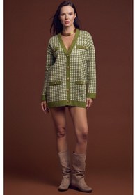 Resim Kazayağı Motif Oversize Triko Ceket - Yeşil 001 