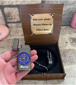 Resim sihirlihediyem Babalar Günü Saatli Metal Çakmak Ve Hematit Doğal Taş Tesbih 