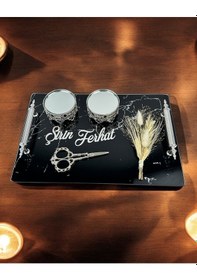 Resim Vow Siyah Desenli Söz Tepsisi Ve Damat Kahve Fincanı Beyaz Beyaz 