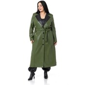 Resim Büyük Beden Yakası Garnili Yandan Cepli Astarlı Deri Haki Uzun Kaban-haki Haki 