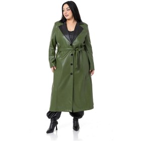 Resim Büyük Beden Yakası Garnili Yandan Cepli Astarlı Deri Haki Uzun Kaban-haki Haki 